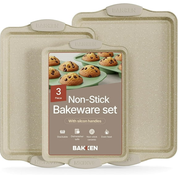 Bakken- Swiss Deluxe Nonstick White Marble Baking Pans - Professional 3-Piece Carbon Steel Bakeware Set with Silicone Handles - Dishwasher Safe & Stackable