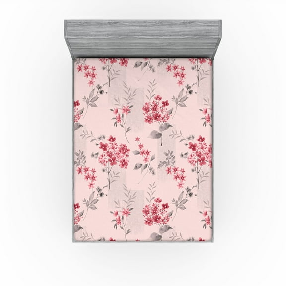 Ambesonne Floral Fitted Sheet, Asian Winter Flower Pattern, California King, Burgundy and Pastel Pink
