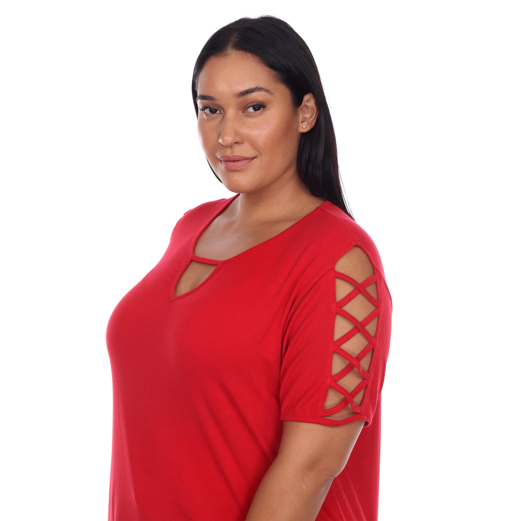White Mark Women's Plus Size Keyhole Neck Short Crisscross Sleeve Shirt Top