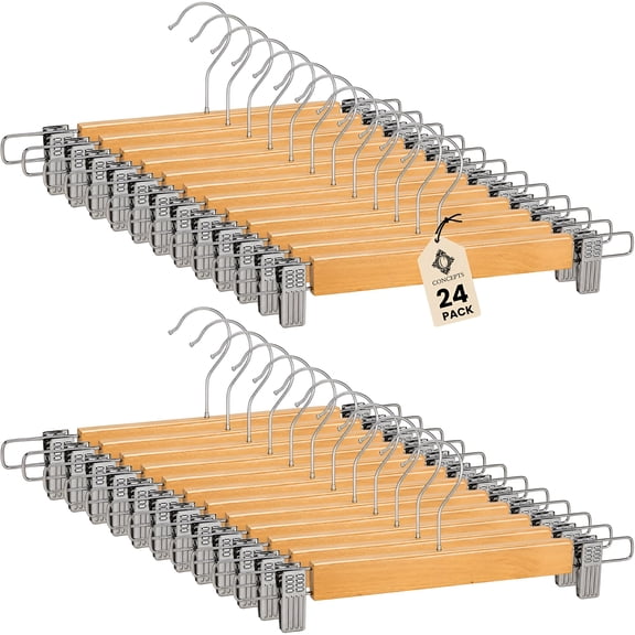 Natural Wooden Skirt Hangers with Adjustable Clips for Skirts, Pants, Trousers, Jeans & Closet Organization (Pack of 24)