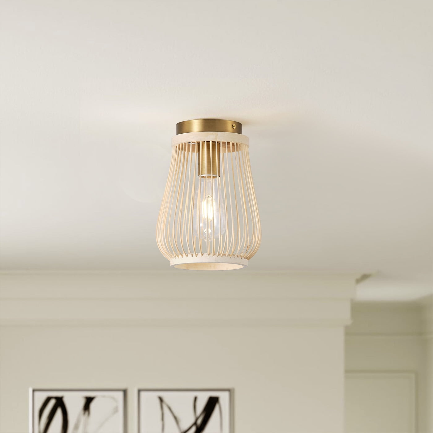 Modern Gold Caged Semi Flush Mount Ceiling Light, Vintage Boho Farmhouse Natural Bamboo Ceiling Light Fixture for Hallway Bedroom Kitchen Foyer