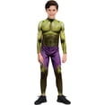 thumbnail image 3 of Guvpev Halloween Superhero Cosplay Costume, Green Muscle 3D Print Spandex Bodysuit Jumpsuit, Full Body Dress-Up Outfit with Purple Shorts Printed for Halloween Party & Stage Performance, 3 of 10