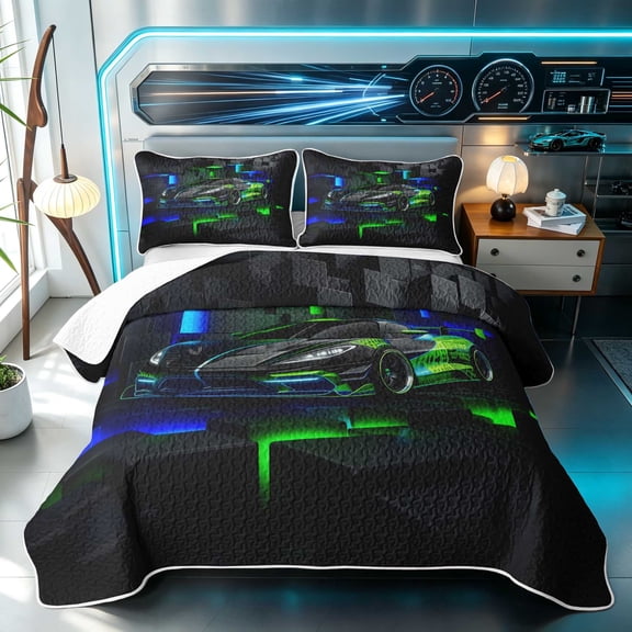 Erosebridal Sports Car Twin Quilt Set, Geometric Twin Coverlet Set, Green Blue Cube 2pcs 1 Bedspread and 1 Pillowcase
