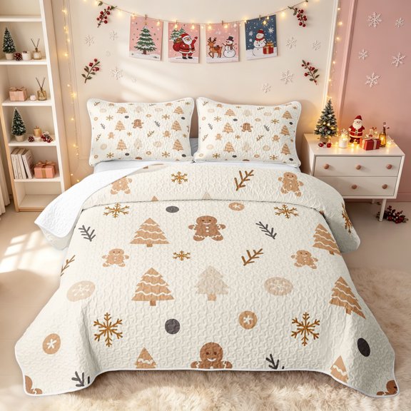 Erosebridal Christmas Snowman Twin Quilt Set, Xmas Tree Twin Coverlet Set, White Peach, 2-Piece, 1 Bedspread and 1 Pillowcase