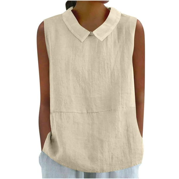Vestidos Casuales Para Mujer, Blusas De Mujer De Moda Camisa bonita de lino con cuello de muñeca, suelta, sin mangas, de color liso y verano para mujer