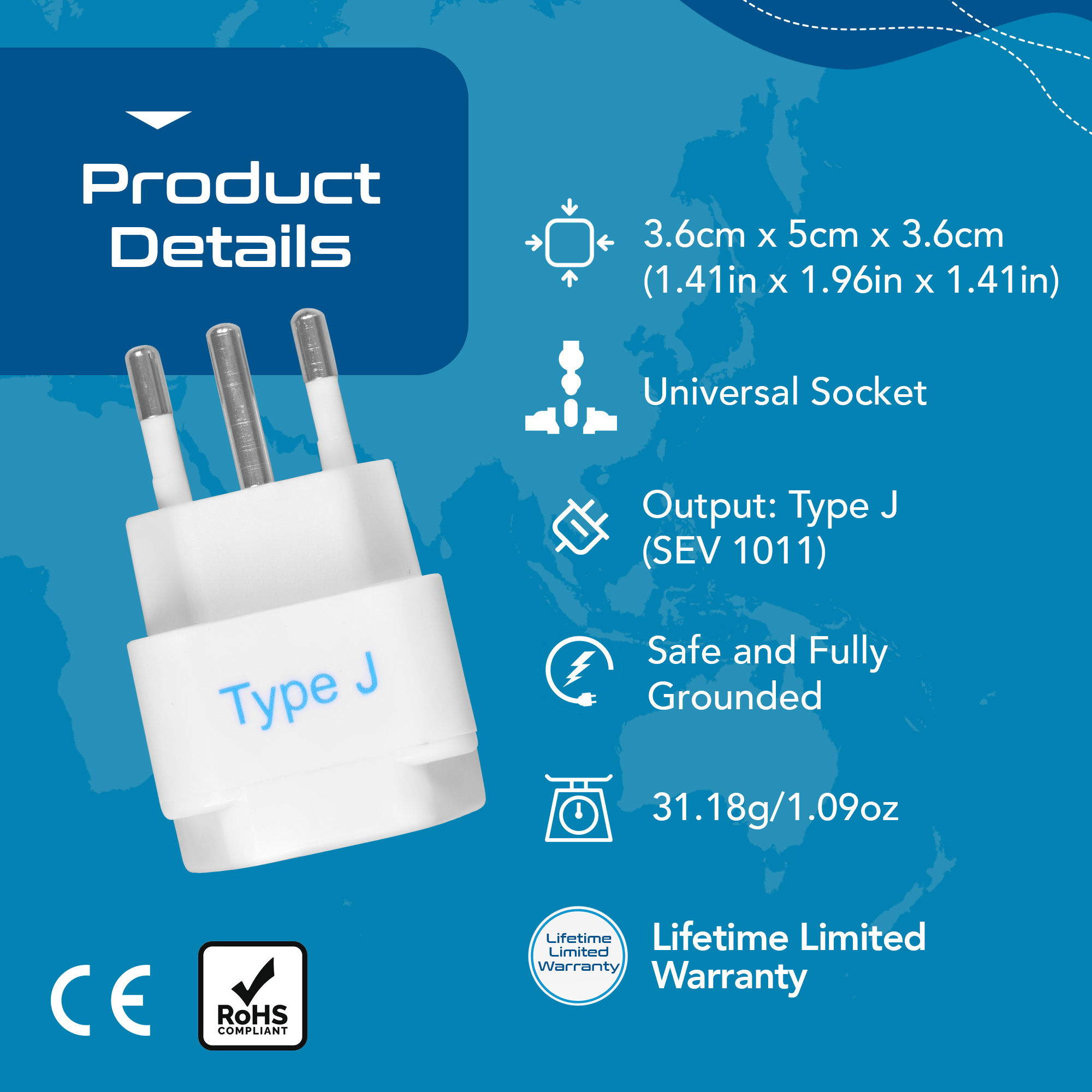 Ceptics Switzerland Travel Plug Adapter (Type J) - 3 Pack [Grounded & Universal] (GP-11A-3PK)