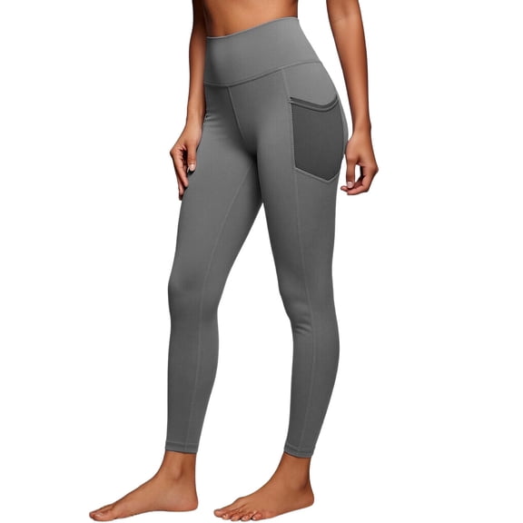 hlysgo Womens Leggings Yoga Pants High Elastic Waist Stretchy Pant Workout Gym Active Trousers with Pockets Gray,L