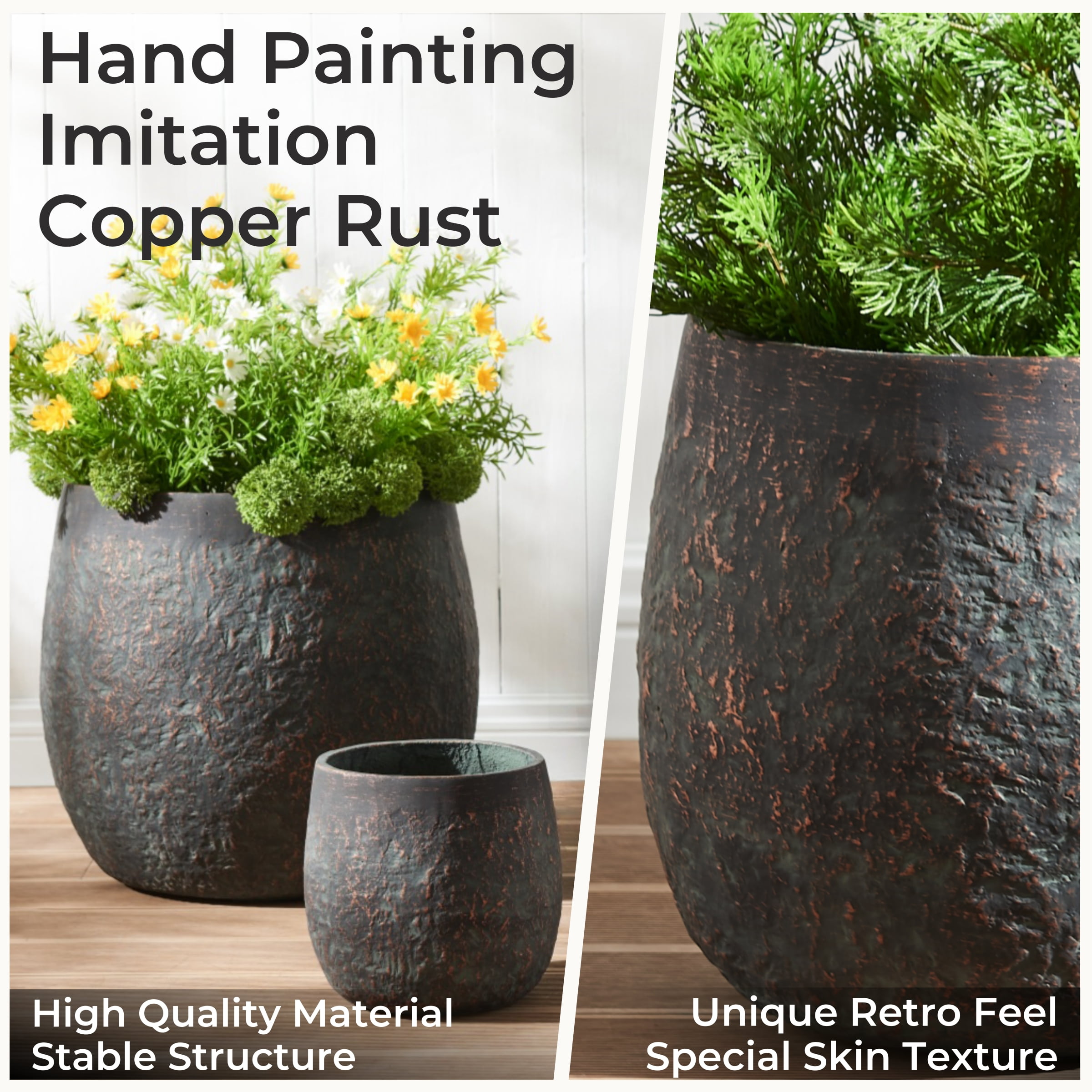 Wallowa 17.7"+13"+9.1" Dia Round Weathered Concrete Planter set of 3, Flower Pots with Drainage Holes for Indoor or Outdoor, Bronze Rust