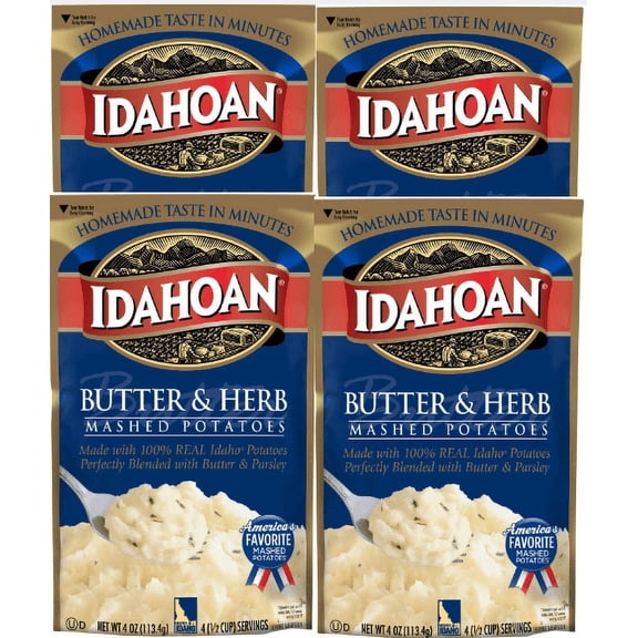 Idahoan Butter & Herb Mashed Potatoes, 4 oz Pouch pack of 4 Real Idaho Potatoes and Holiday Thanksgiving Christmas Dinner