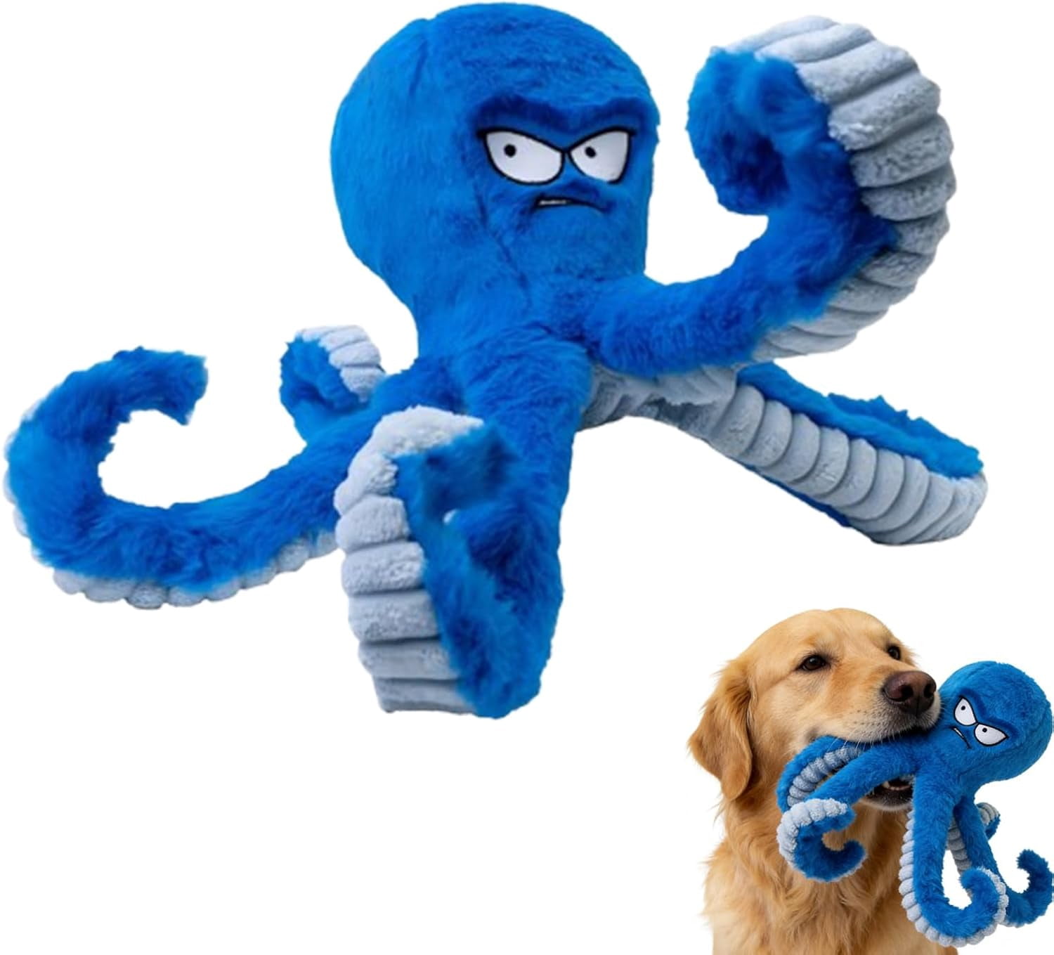 Octopus Dog Toy,Angry Octopus Dog Toy,Tough Dog Toys,Squeaky Plush with Long Tentacles, Chew Toys for Small and Large Dogs Crinkle Blue Octopus (Blue+Yellow)