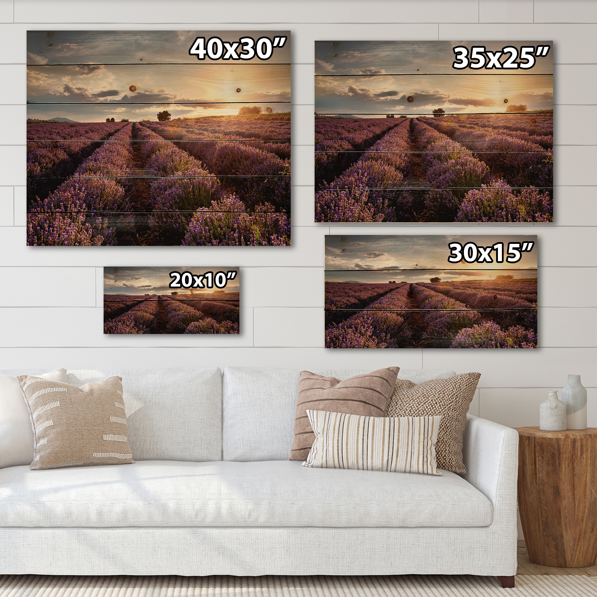 Designart 'Dramatic Clouds and Sunrise Over Lavender Field V' Farmhouse Print on Natural Pine Wood