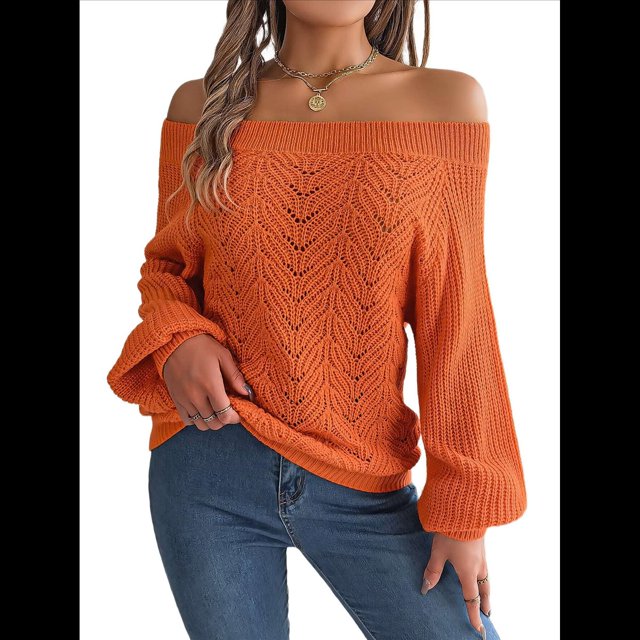 Tops de Crochet para Mujer, Suéteres con Hombros Descubiertos, Ropa de Playa de Punto Calado de Larga de Verano Naranja S