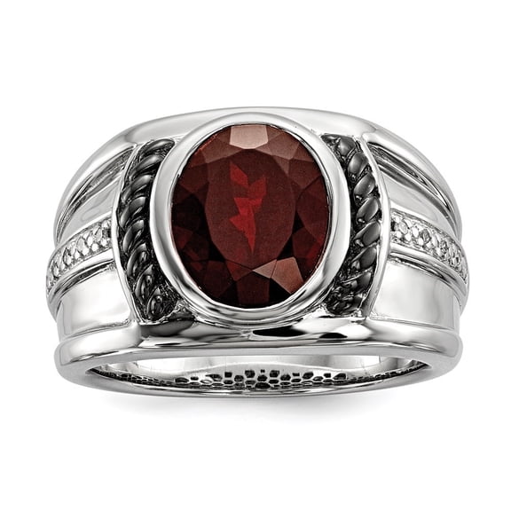 Diamond2Deal 925 Sterling Silver Black Rhodium-plated Garnet and Diamond Oval Men's Ring Size- 10