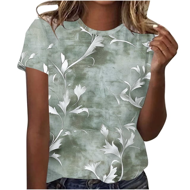 Tops de Ajuste Suelto para las Mujeres Retro Impreso Cuello Redondo Manga Corta, Camiseta de Poliéster Casual