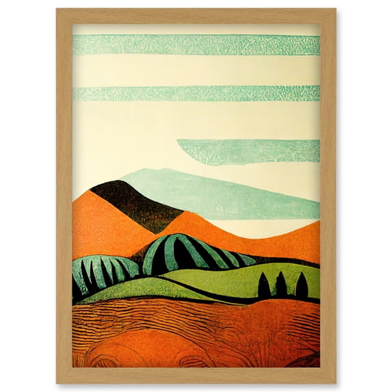 Abstract Eclectic Tangerine And Olive Countryside Linocut Illustration Artwork Framed Wall Art Print A4