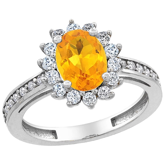 10K White Gold Natural Citrine Floral Halo Ring Oval 8x6mm Diamond Accents, size 5.5