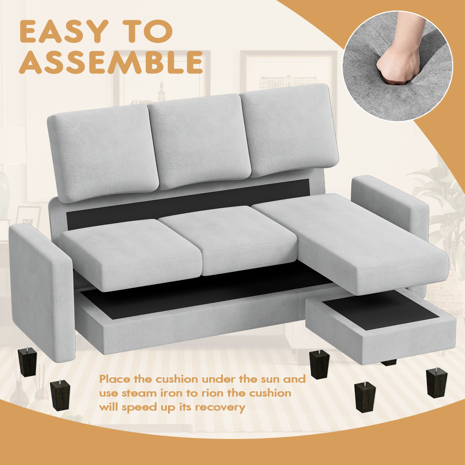 Homall 70" Length Sectional L-Shaped Sofa 3-Seat Couch with Reversible Chaise for Small Living Room, Apartment and Small Space, Gray