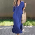 thumbnail image 2 of Ruyang Womens Summer T Shirt Dress Casual Puff Sleeve V Neck Midi Dresses Loose Side Slit Long Tshirt Dress with Pockets, 2 of 4