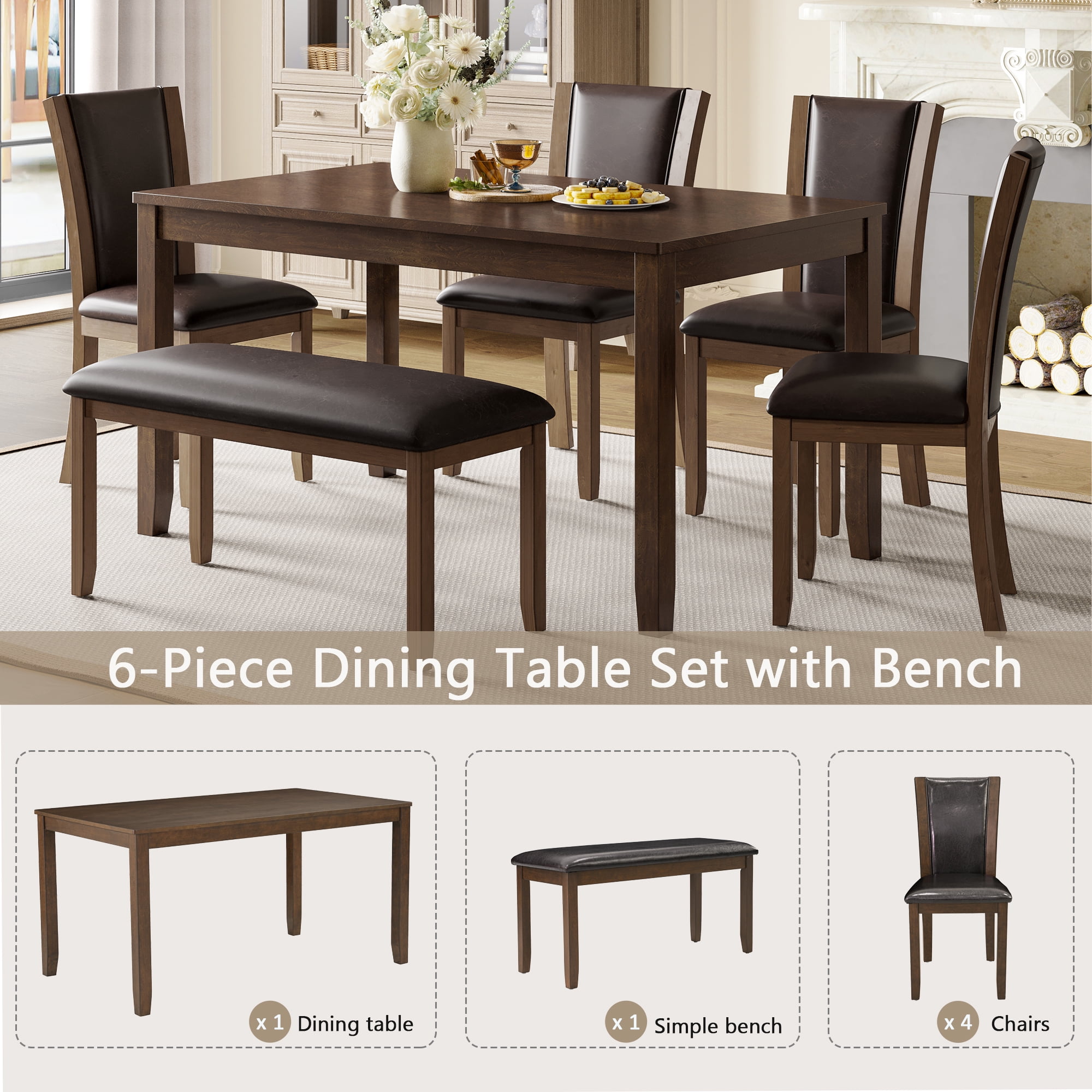 Leumius 6 Pieces Dining Table Set,Wood Dining Table Set with 4 Upholstered Leather Chairs and a Bench,Kitchen Dining Set for 6,Wooden Dining Furniture Sets for Kitchen, Dining Room,Dark Walnut