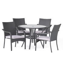 GDF Studio Jeremy Outdoor Wicker 5 Piece Dining Set with Cushion, Gray and Light Gray