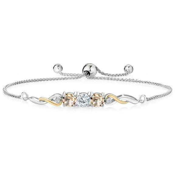 Gem Stone King 1.32 Cttw 925 Sterling Silver and 10K Yellow Gold 5MM Round White Lab Grown Diamond and Peach Morganite Tennis Bracelet for Women | Bollo Bracelet | Fully Adjustable up to 9 inch