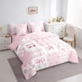 thumbnail image 3 of Homewish Cartoon Cherry Ribbon Bedding Comforter Set 7pcs for Teen, Pink Stripes Buffalo King Bedding Sets, Kawaii Cartoon Bowknot Reversible Bed Sheets, Super Cozy Room Decor, 3 of 7