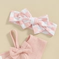 thumbnail image 5 of Odeerbi 3M-2Y Toddler Girls Summer Outfits Layette Set Bow Rib Knit Bodysuit Plaid Flared Pants with Headband Three-piece Set Jumpsuit Printed Trousers Set Toddler Girls Clothes, 5 of 7
