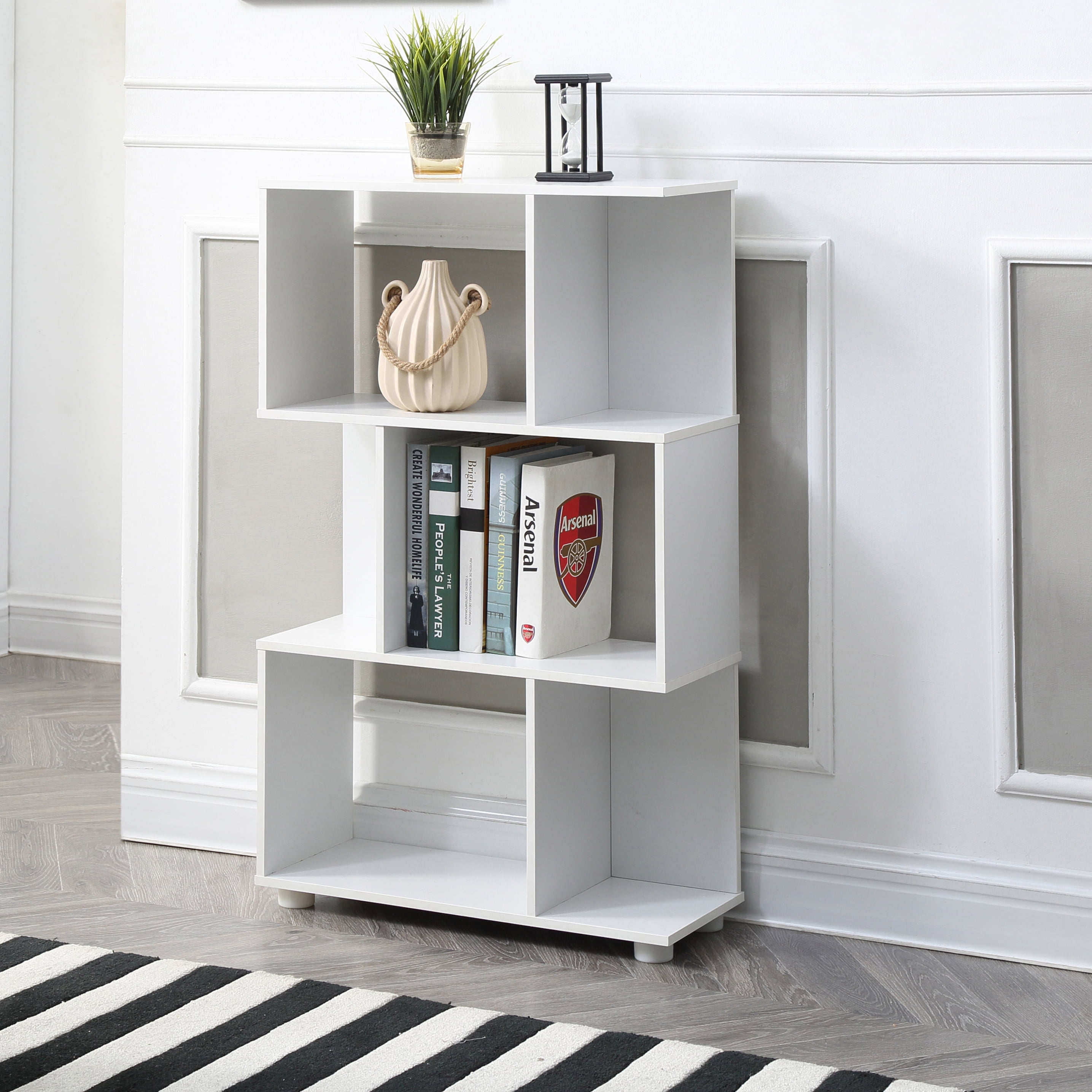 AC Pacific Manor Modern Staggered 3-Shelf Bookcase, White