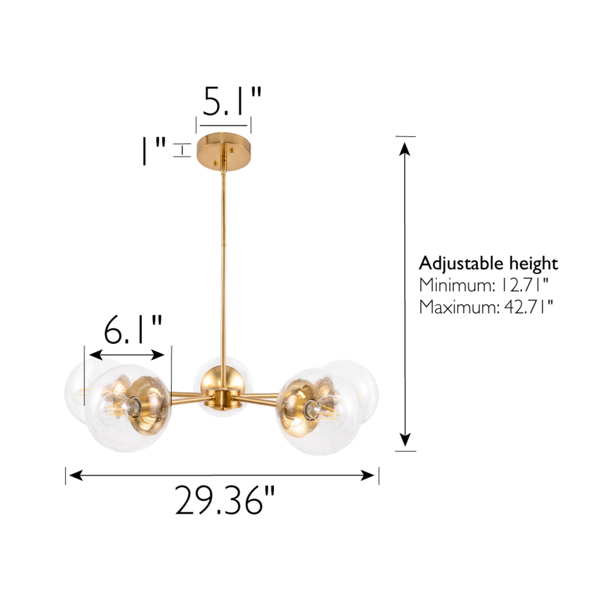 Satin Gold 5-Light Chandelier, Clear Seedy Glass Globe Shades, Dimmable, Sloped Ceiling Compatible