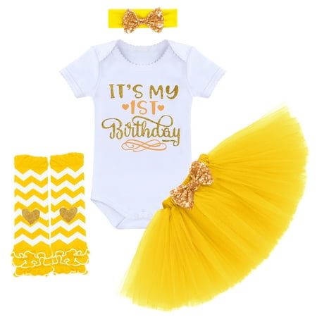 

FYMNSI Baby Girl It s My 1st Birthday Cake Smash Outfit Cotton Short Sleeve Romper Bodysuit Princess Tutu Skirt Leg Warmers Bowknot Headband 4pcs Set One Year Old Party Photo Shooting Props Yellow
