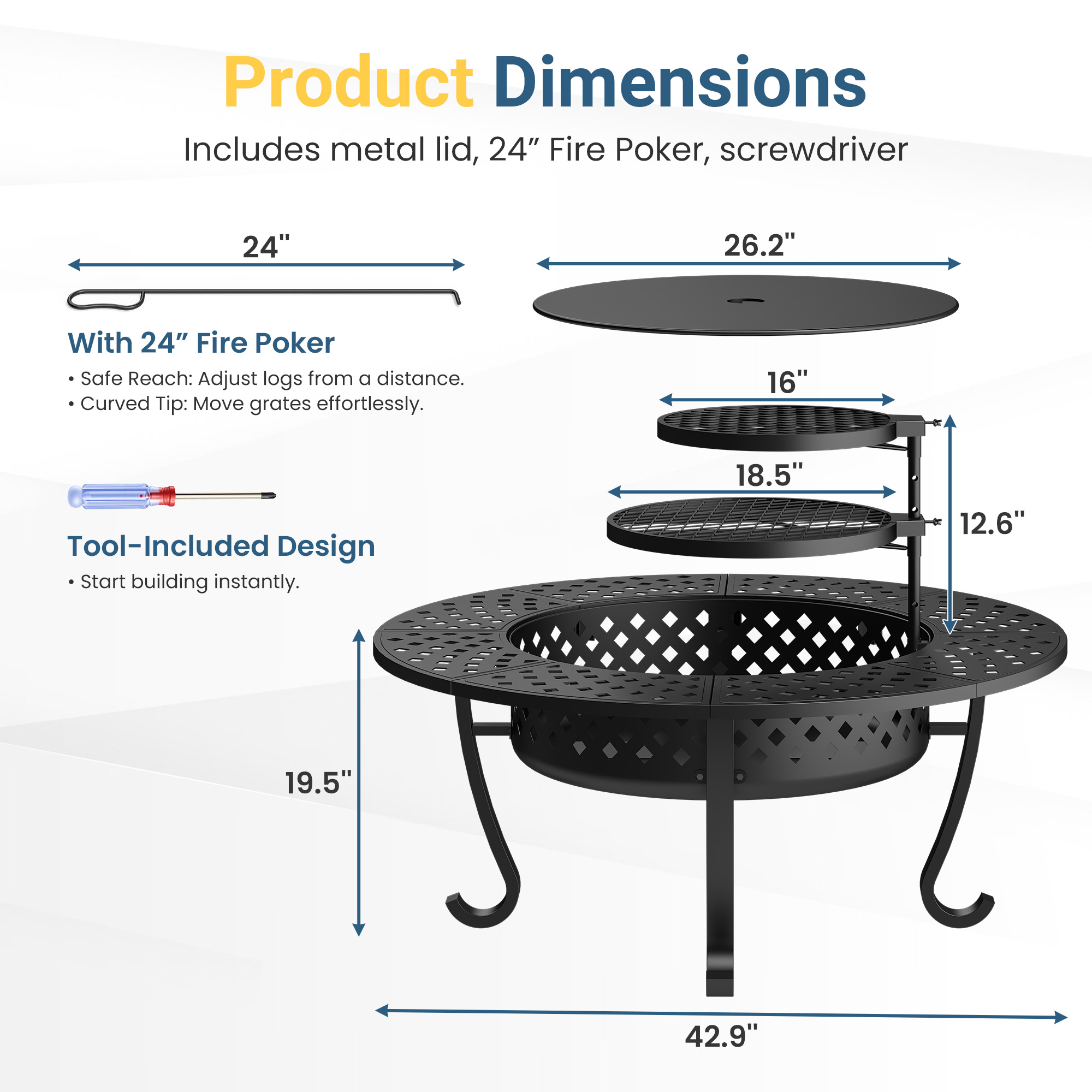 May in Color 43'' Fire Pit with 2 Grills, Outdoor Wood Burning Fireplace with Lid and Fire Poker, BBQ & Bonfire & Round Metal Table 3 in 1 for Patio, Backyard, Garden, Black