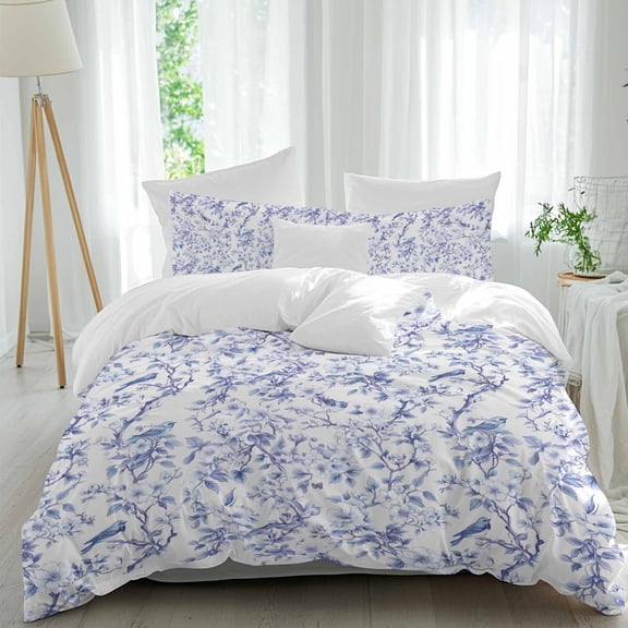 3 Piece Blue Botanical Duvet Cover Set California King,Microfiber Comforter/Quilt Cover with Corner Ties and 2 Pillowcases,Elegant Watercolor Botanical Birds All Season Bedding with Zipper Closure