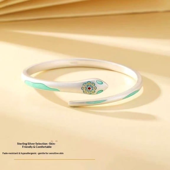 Sterling Silver Snake Cuff Bracelet for Women, S925 Adjustable Open Bangle with Floral Enamel Design