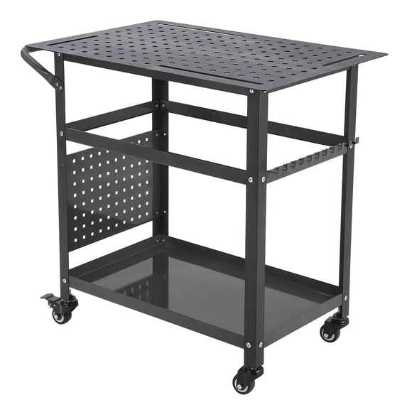 Heavy Duty 36" x 24" Steel Welding & Work Bench – 1200LB Capacity Rolling Table with Rubber Wood Top, Dual Storage Shelves, 5/8" Holes, 4 Tool Slots, Pegboard, 11 Hooks & Handle – Freestanding Rack