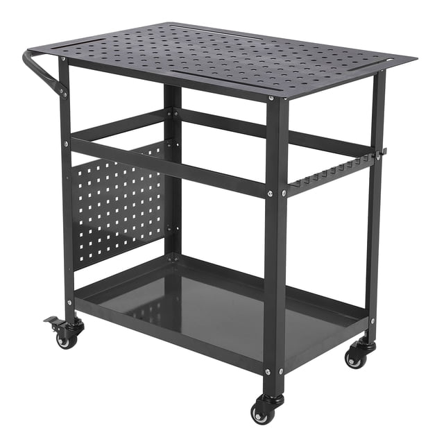 Établi de 36 Pouces avec Panneau Perforé, Capacité de 1200 Lb, Roulant, Table de Travail en Acier Robuste avec Dessus en Bois de Caoutchouc, Rangement d'Outils à 3 Niveaux avec Roues pour Garage et Atelier, Noir+orange