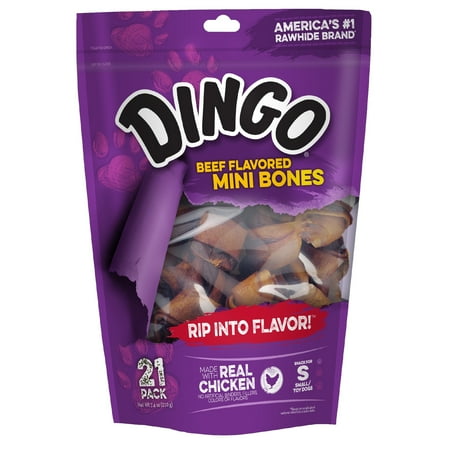 Dingo Mini Bones - Dingo Beef Flavored Rawhide Mini Bones for Small Dogs, 21-Count