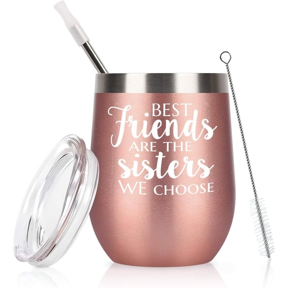 Sisters Friends Gifts, Friends Are The Sisters We Choose Wine Tumbler with Lid, Sisters Gifts for Women Friends Soul Like Sisters Girls BFF, 12 Oz Insulated Stainless Steel Tumbler, Rose Gold