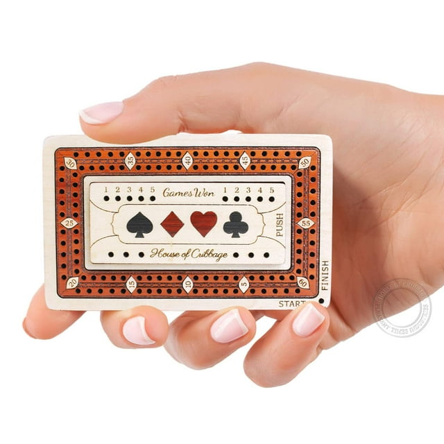 House of Cribbage - 2 pistas - Tabla de madera para cuna de viaje/tamaño de bolsillo - 4 pulgadas - Incrustada en madera de arce/madera de sangre con espacio de almacenamiento para clavijas de cuna -