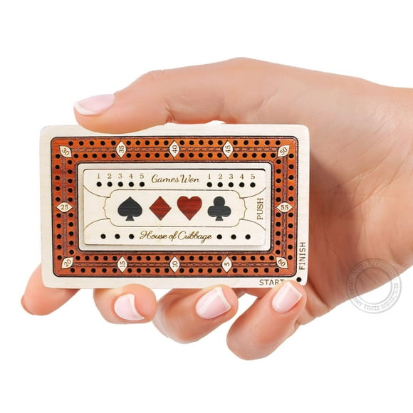 House of Cribbage - 2 pistas - Tabla de madera para cuna de viaje/tamaño de bolsillo - 4 pulgadas - Incrustada en madera de arce/madera de sangre con espacio de almacenamiento para clavijas de cuna -