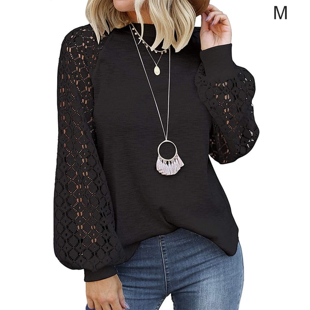 Qarigey Blusa de manga larga de encaje para mujer Camiseta de color sólido con cuello de encaje Prendas para la parte del cuerpo Negro M