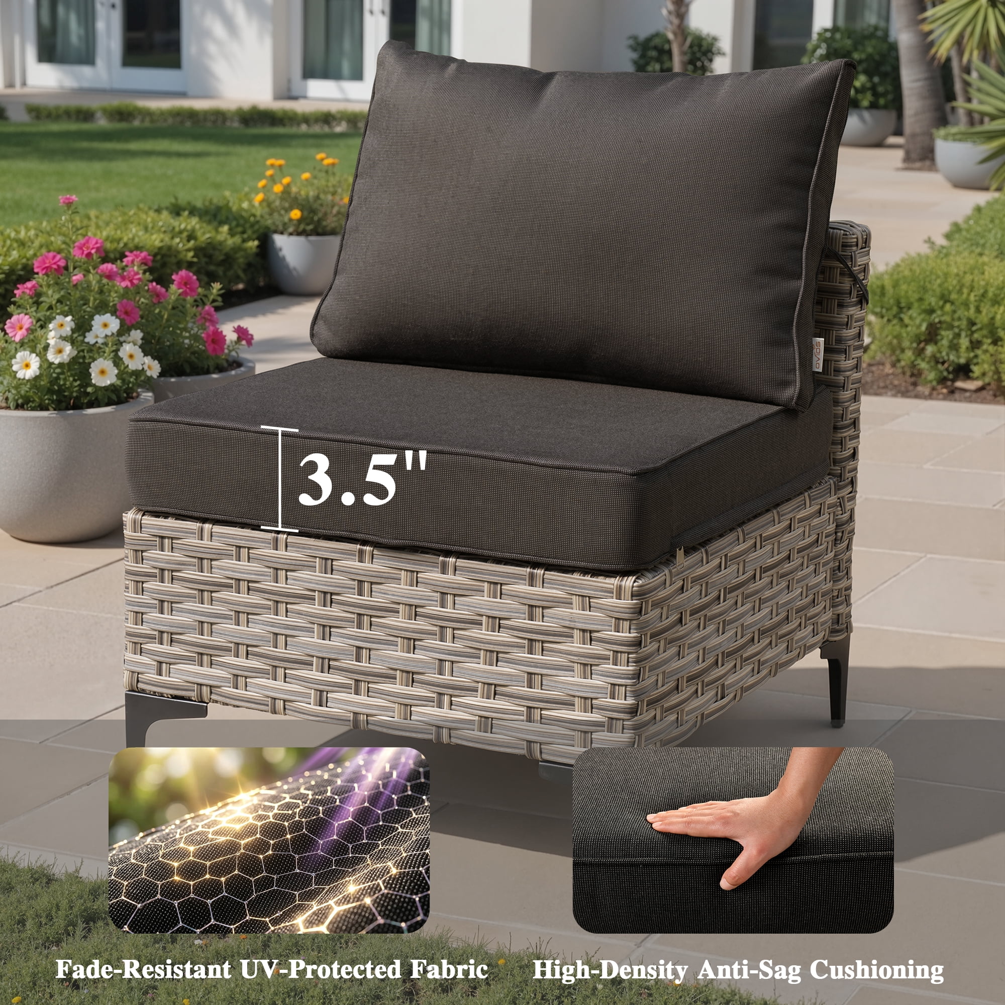 Ovios Outdoor Patio Furniture Set 9 Pieces Rattan Wicker Sectional with 42" Gas Fire Pit, Swivel Chairs, Solar Table, Black