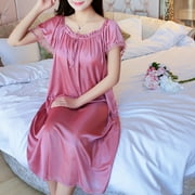 ZPAQI Womens Summer Lace Ice Silk Nightdress Short Sleeve Loose Plus Size Nightgown XL