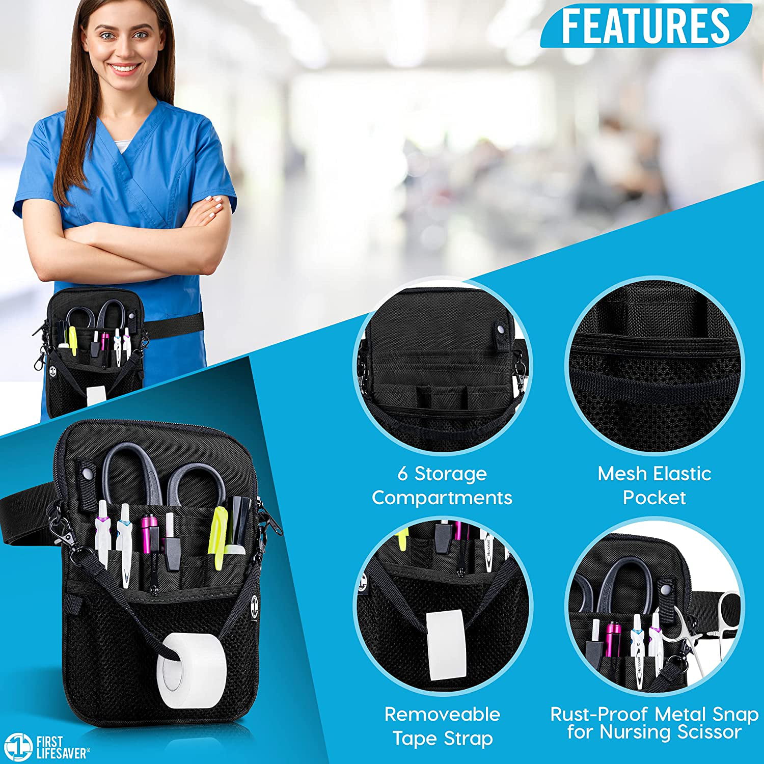 and Emergency Supplies and Utility Storage for Stethoscopes Bandage Scissors Student and Nurse Use First Lifesaver 4-in-1 Nursing Fanny Pack with Medical Gear Pockets Tape Holder 