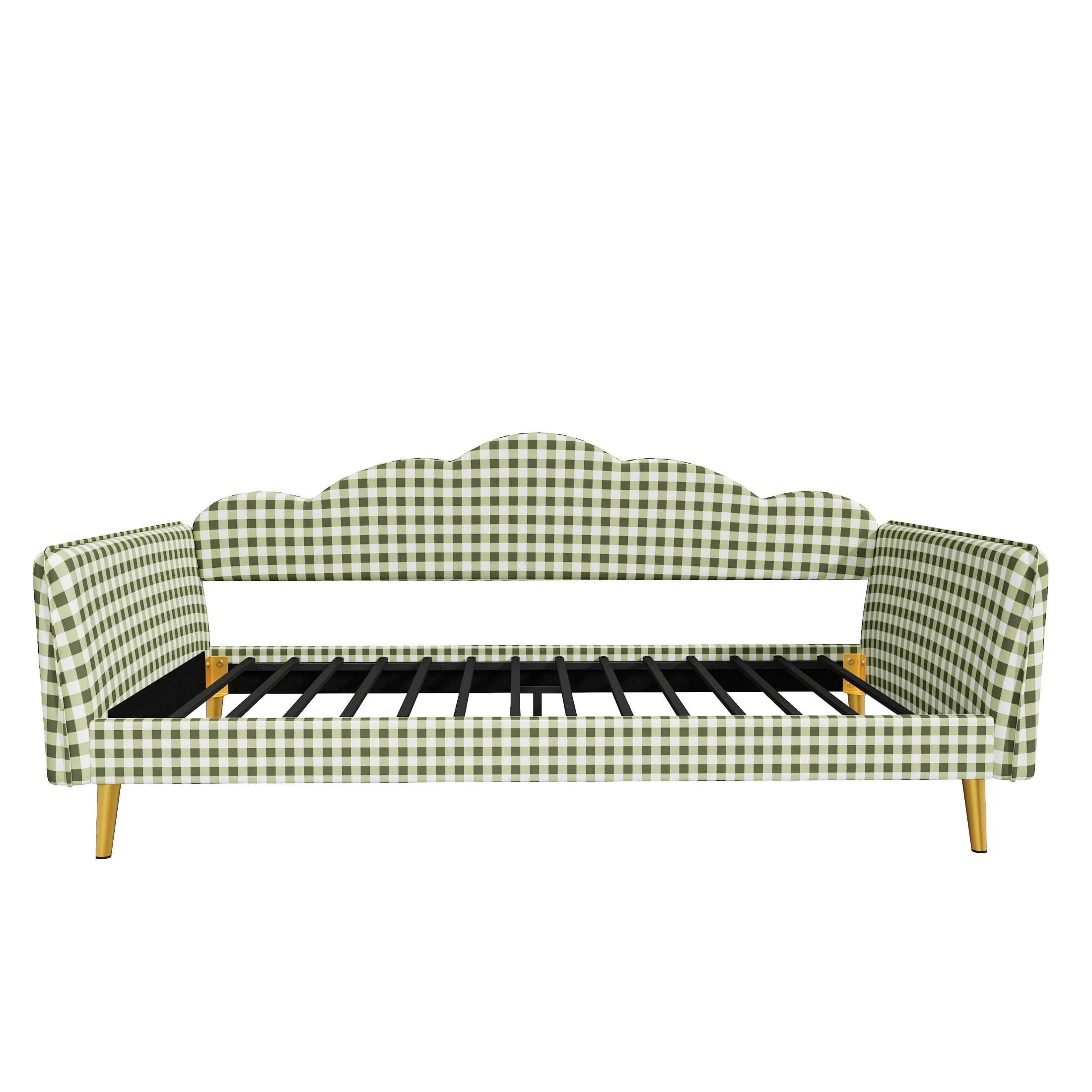 Noble House Jocast Twin Size Upholstered Platform Daybed, Gingham Pattern Headboard and Side Armrests, Green
