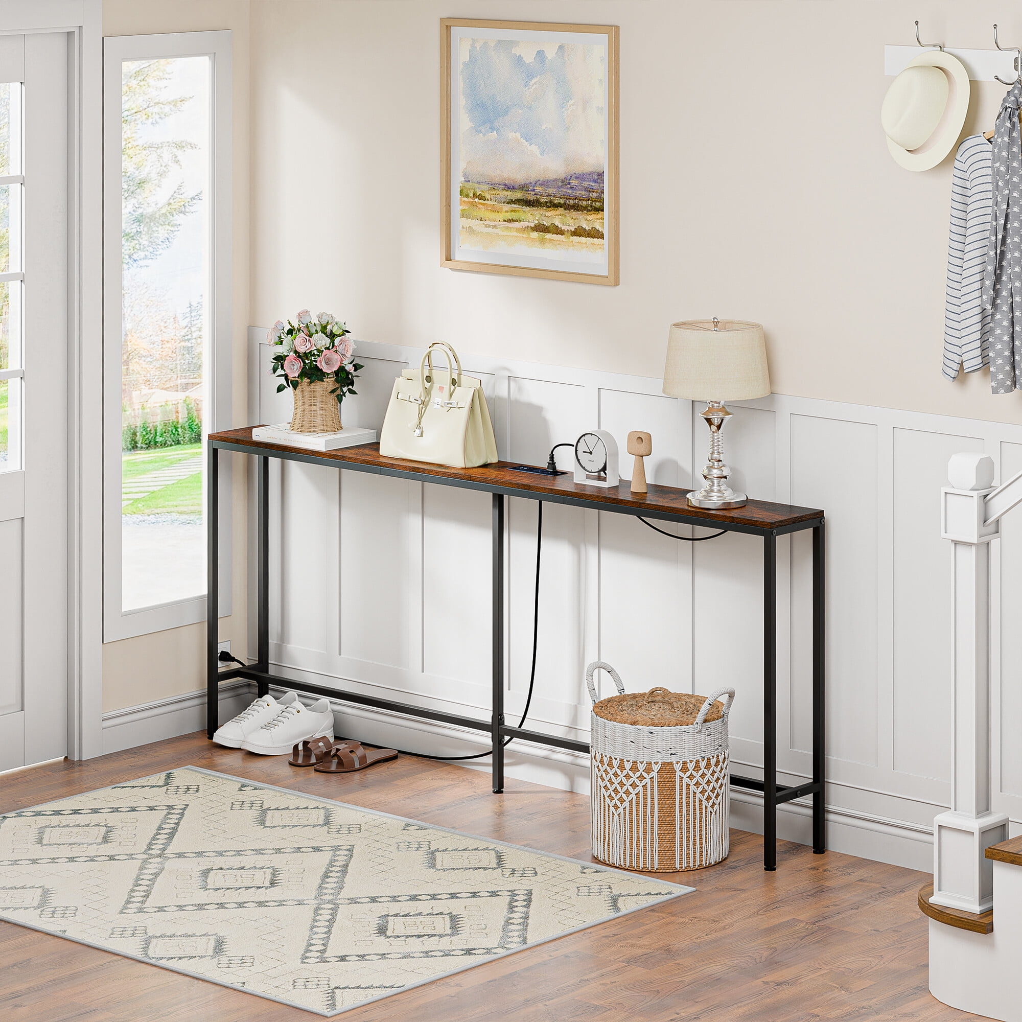 HomGarden 71-in Entryway Console Table W/Charging Station Narrow Sofa Side Table Power Outlet Rustic Brown