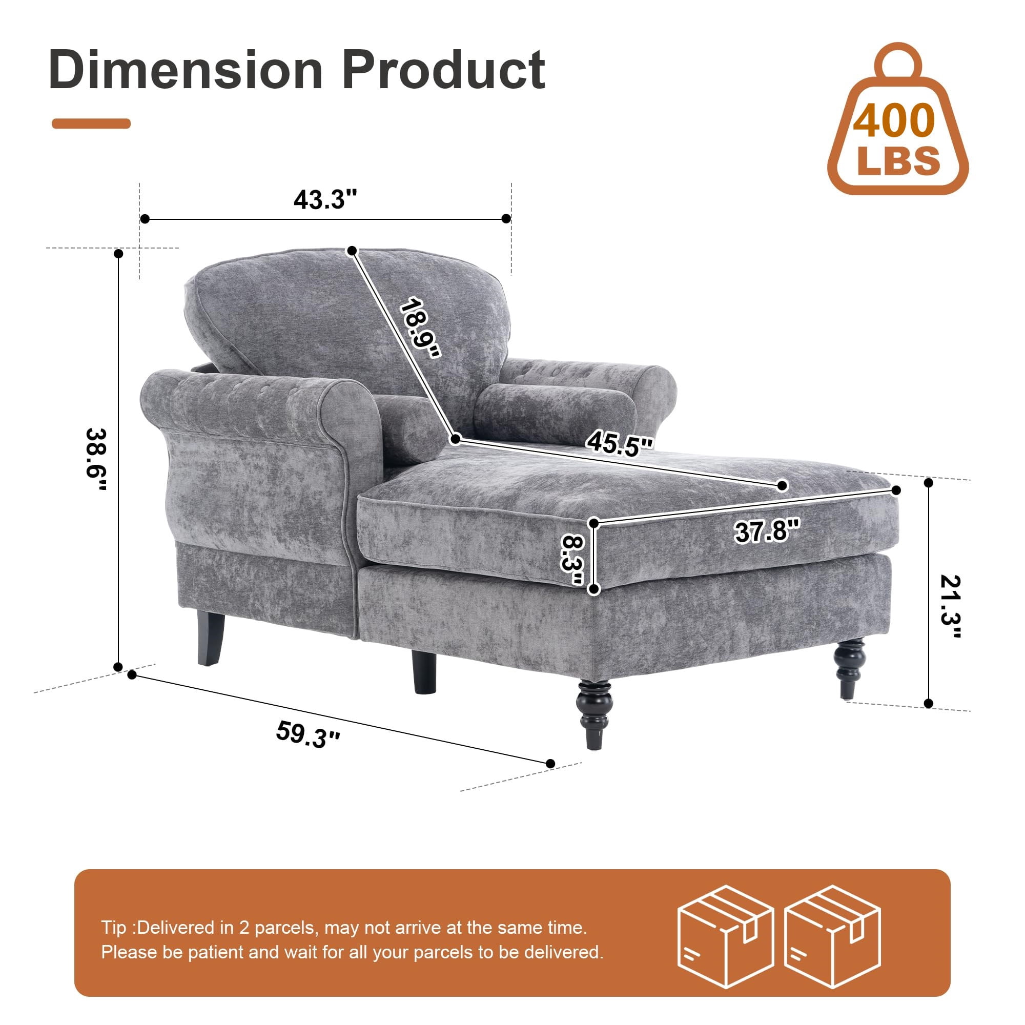 Aukfa Curved Arm Chaise Lounge Indoor Chair Oversized Mid-Century Modern Chair, 2 Pillows, Chenille, Gray