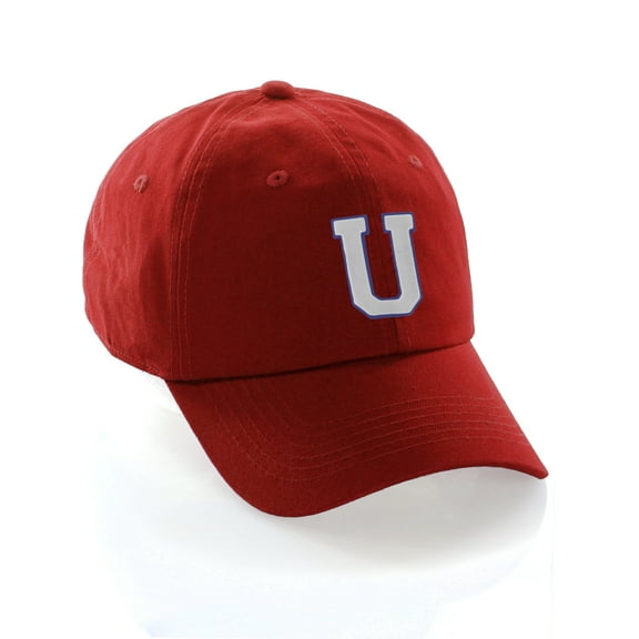 Customized Letter Intial Baseball Hat A to Z Team Colors, Red Cap Blue White Letter U