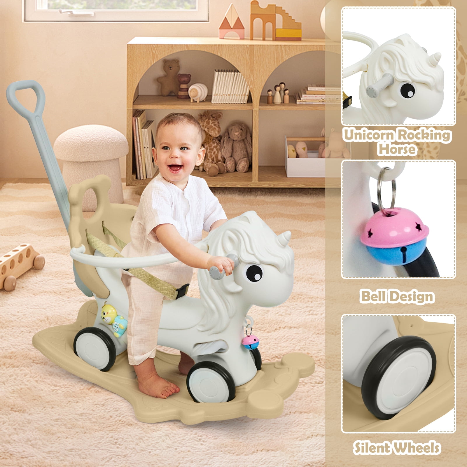 Wdmiya 4 in 1 Rocking Horse for Toddlers 1-3 Years Old, Baby Unicorn Rocking Toy Birthday Gift for Boy and Girl, Ride on Toy with Detachable Balance Board，Balance Bike with Push Handle, Khaki