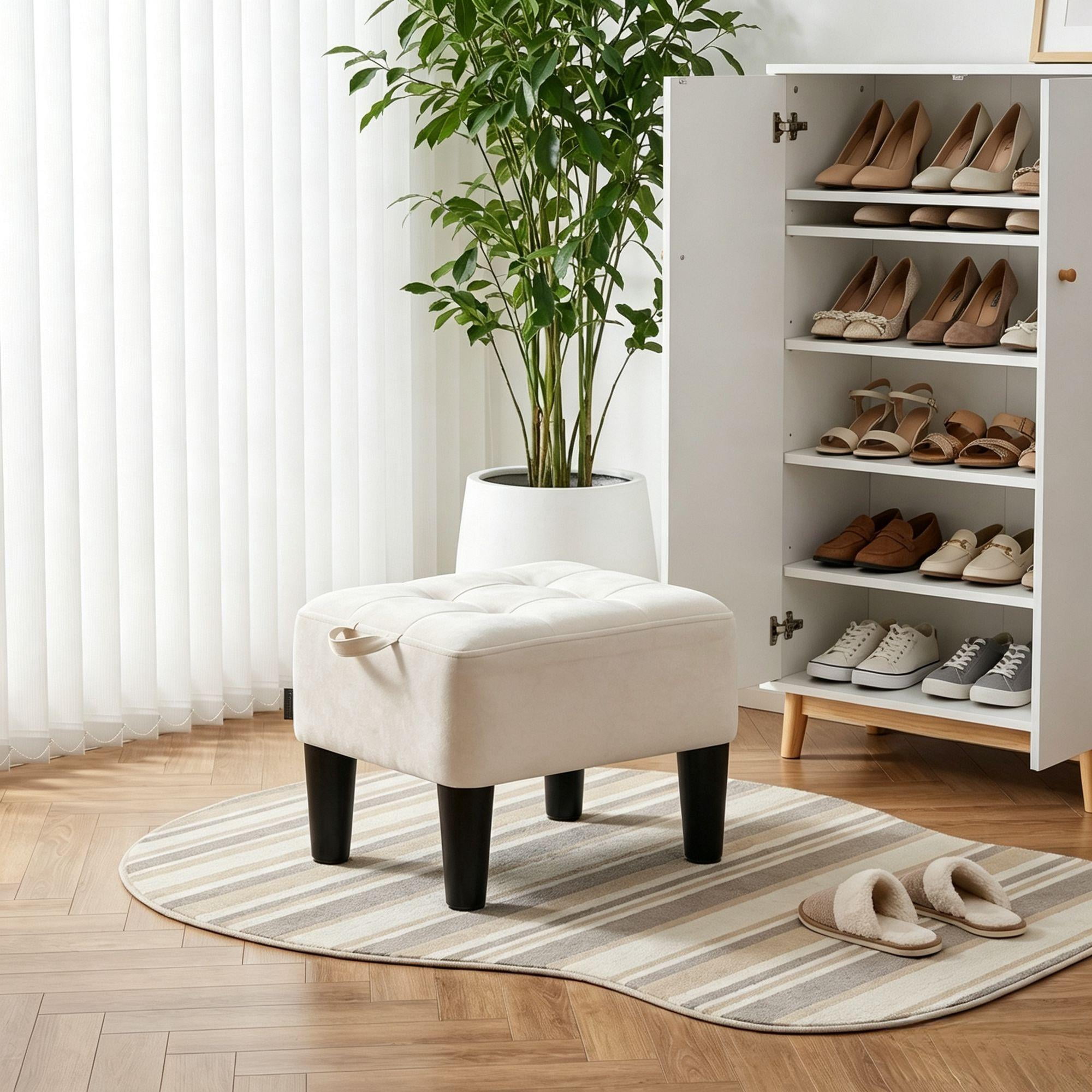 Ledrem Small Ottoman Foot Stool with Thick Cushion & Sturdy Angled Legs, Cream White
