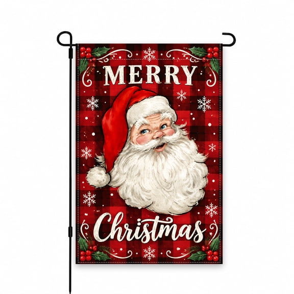 12x18 Inch Christmas Santa Garden Flag - Festive Red Plaid, Holly and Snowflakes Yard Flag for Outdoor Holiday Decor on Lawn, Patio, or Porch